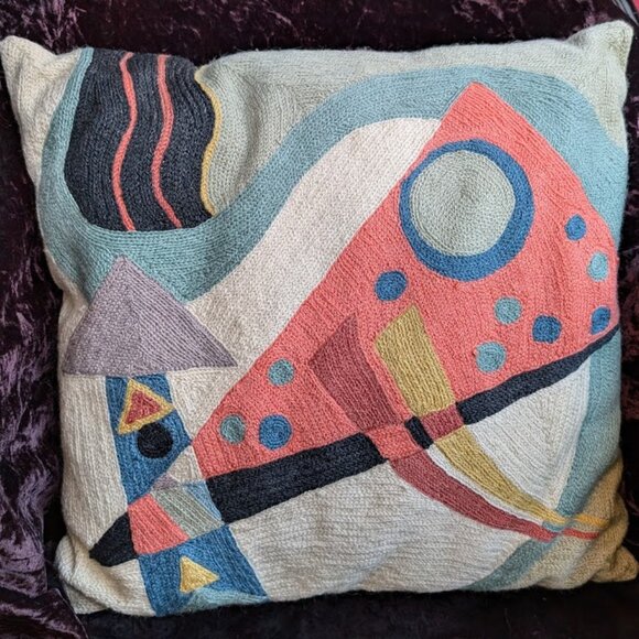 Kandinsky Style Wool Chainstitch Crewelwork Decorative Accent Pillow - Picture 2 of 15